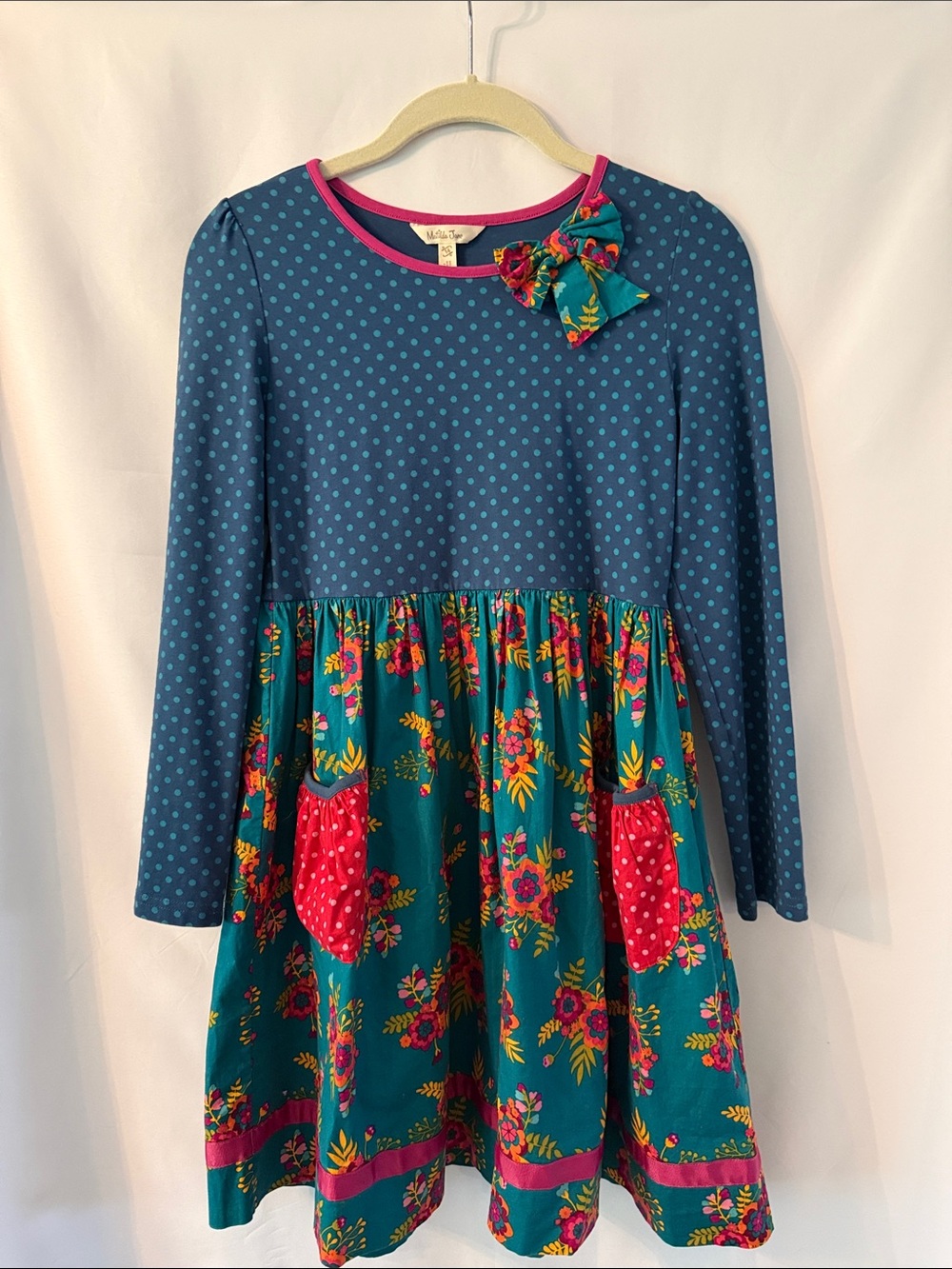 Matilda Jane Girls' Teal Floral & Navy Dot Long-Sleeve Dress with Pink Accents
